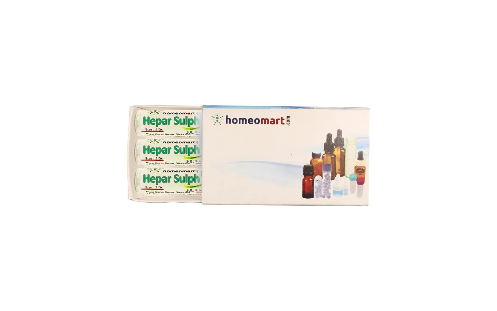 Homeomart Hepar Sulph pellets 30C pack on a clean surface, portable for daily use.