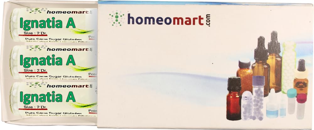 Homeomart Ignatia Amara pellets in a 2-dram glass vial for easy, on-the-go dosing.