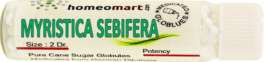 HomeoMart Myristica Sebifera pellets in glass vial ensure sterile storage and easy dosing.