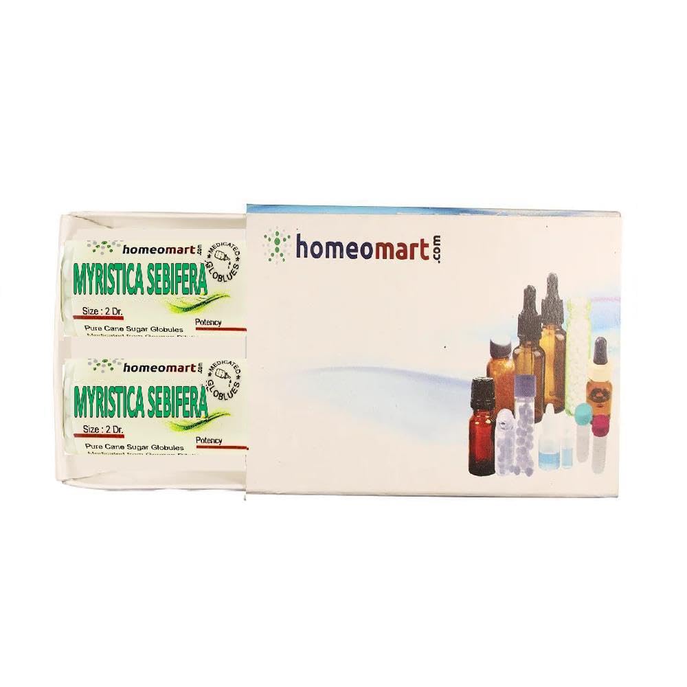 HomeoMart Myristica Sebifera pellets pack 6C potency for on-the-go use.