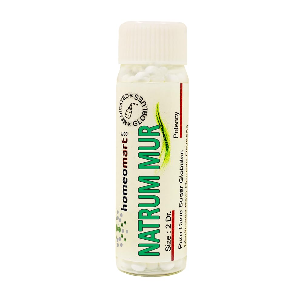 Homeomart Natrum Muriaticum pellets 200C glass vial close-up.