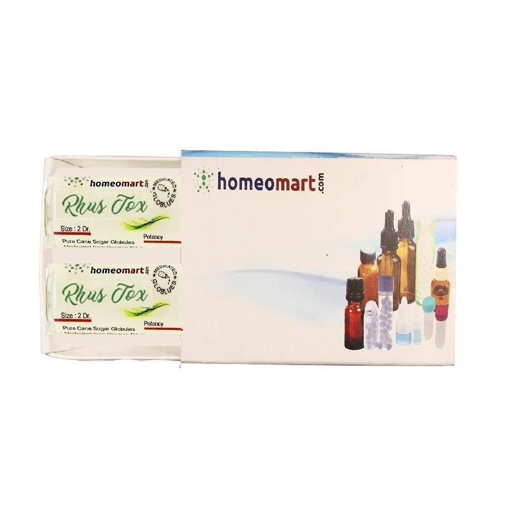 Homeomart Rhus Toxicodendron pellets bottle close-up for gentle support