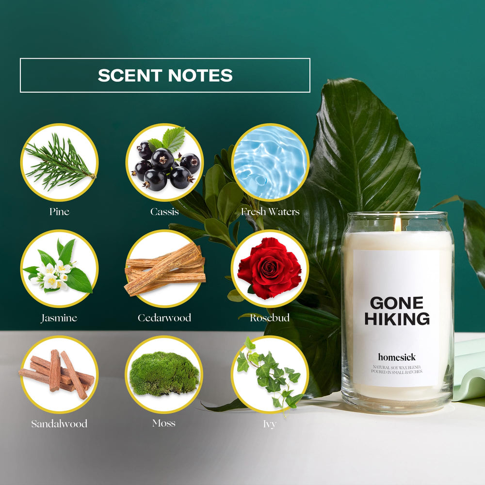 Homesick Gone Hiking candle flame burn time highlights long-lasting burn.