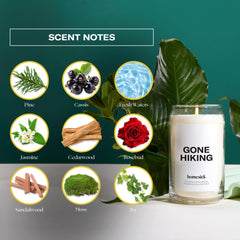 Homesick Gone Hiking candle flame burn time highlights long-lasting burn.