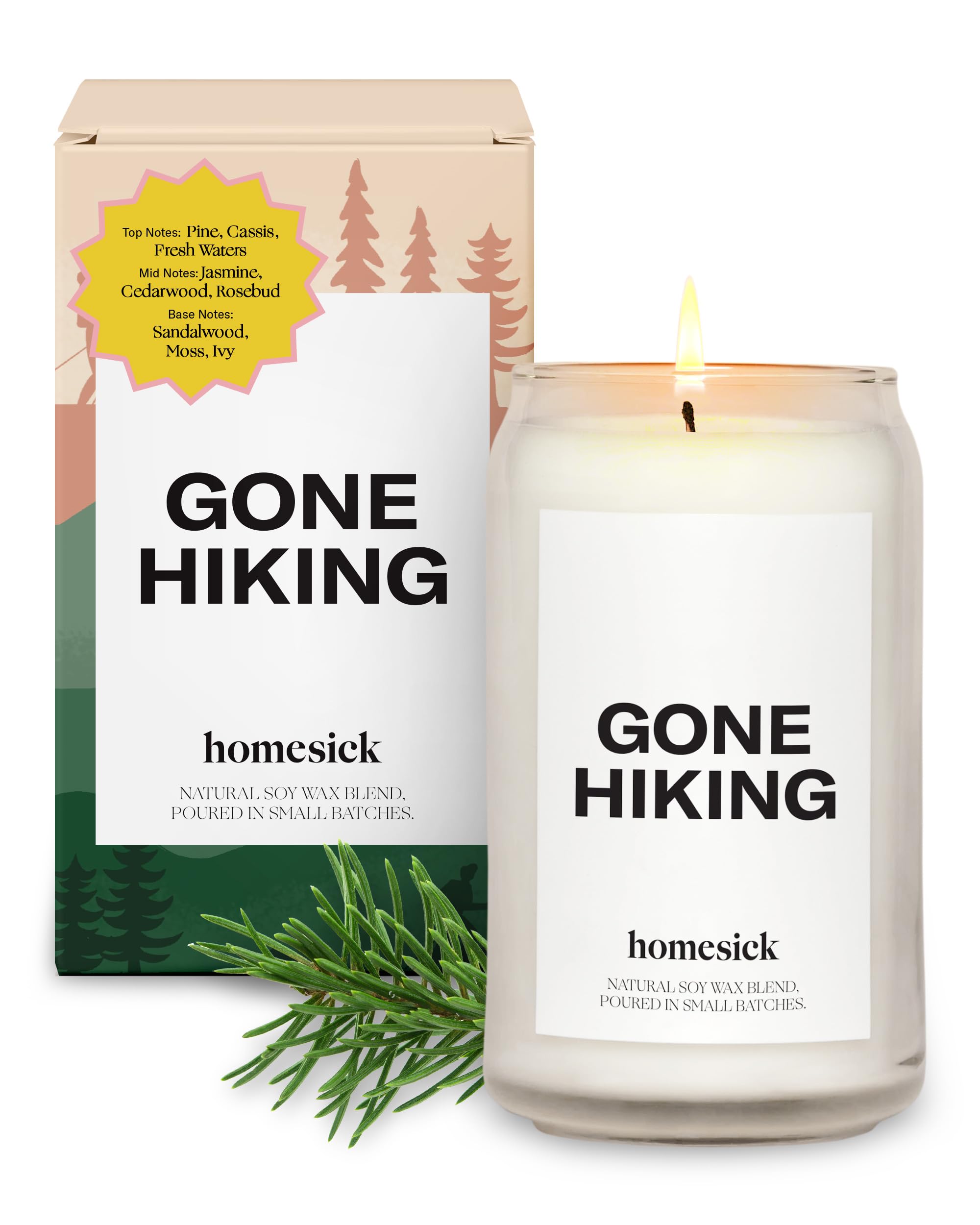 Homesick Gone Hiking candle label close-up for rustic home ambiance.
