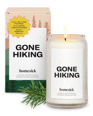 Homesick Gone Hiking candle label close-up for rustic home ambiance.