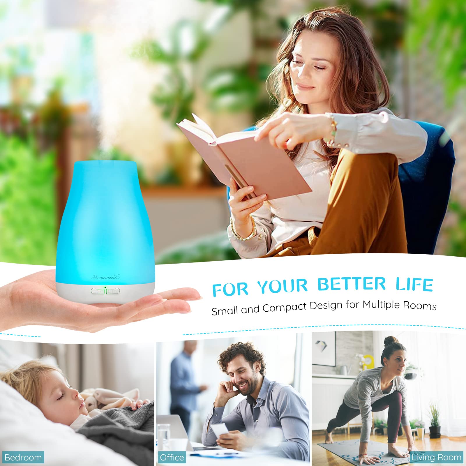 Homeweeks diffuser with colorful LED ambient light enhancing mood.