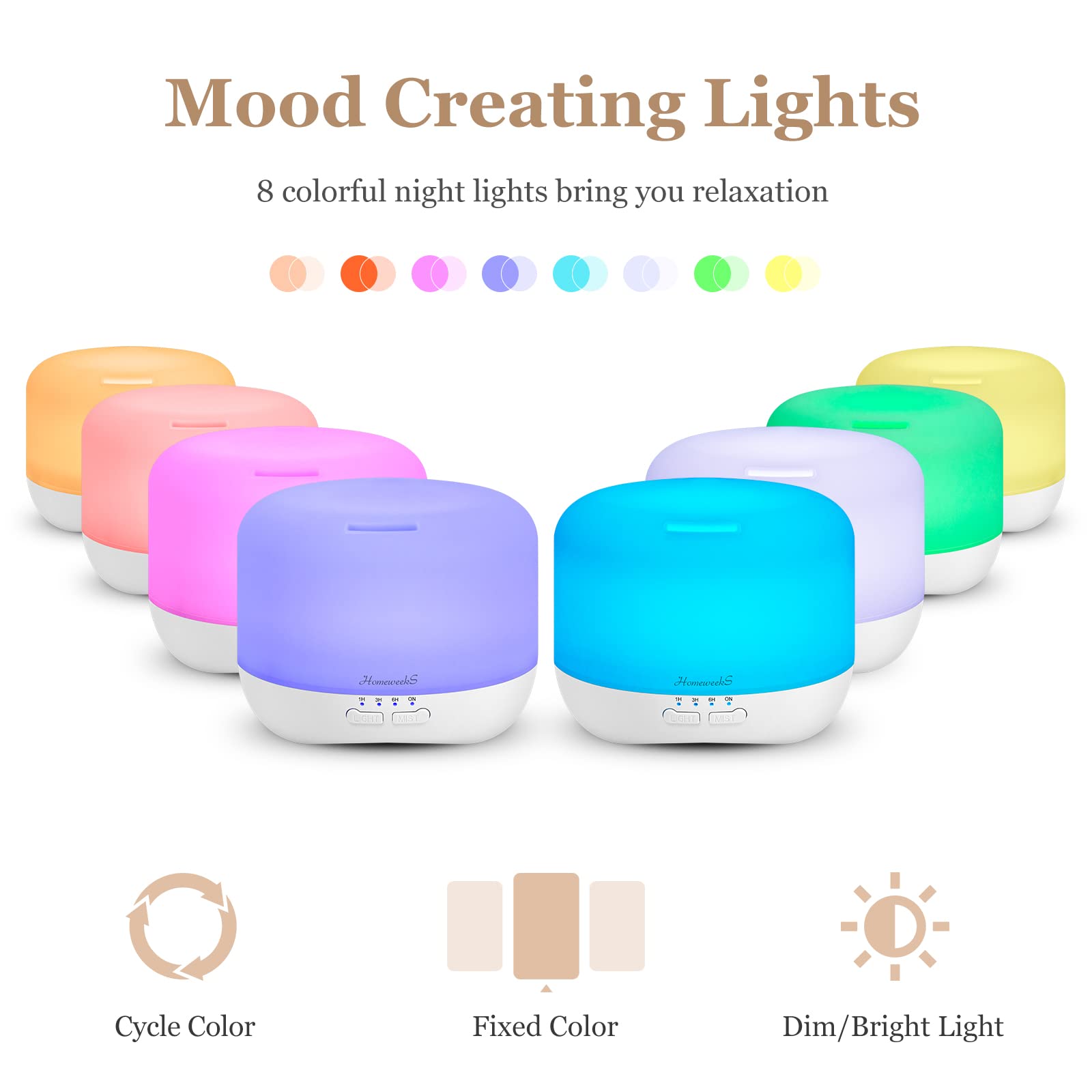 Colorful LED lights on Homeweeks diffuser create cozy atmosphere