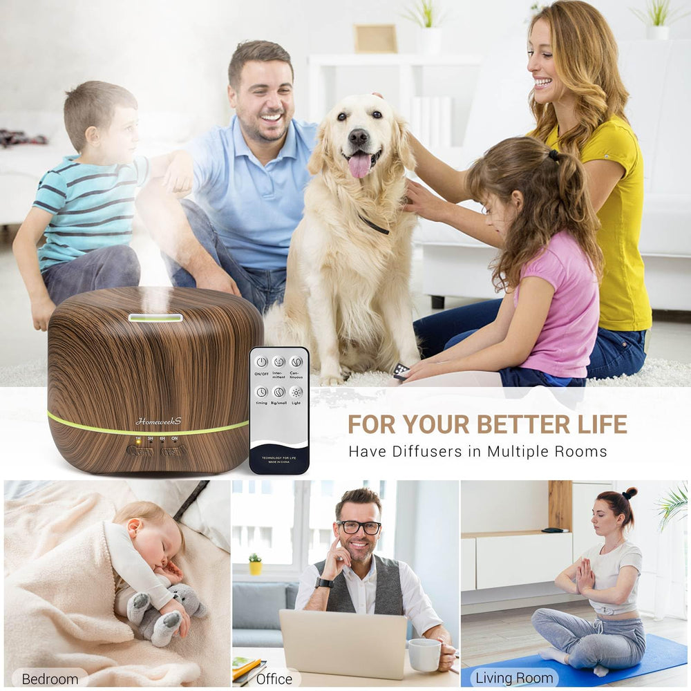 Homeweeks wood-style diffuser with warm night light for cozy bedrooms.