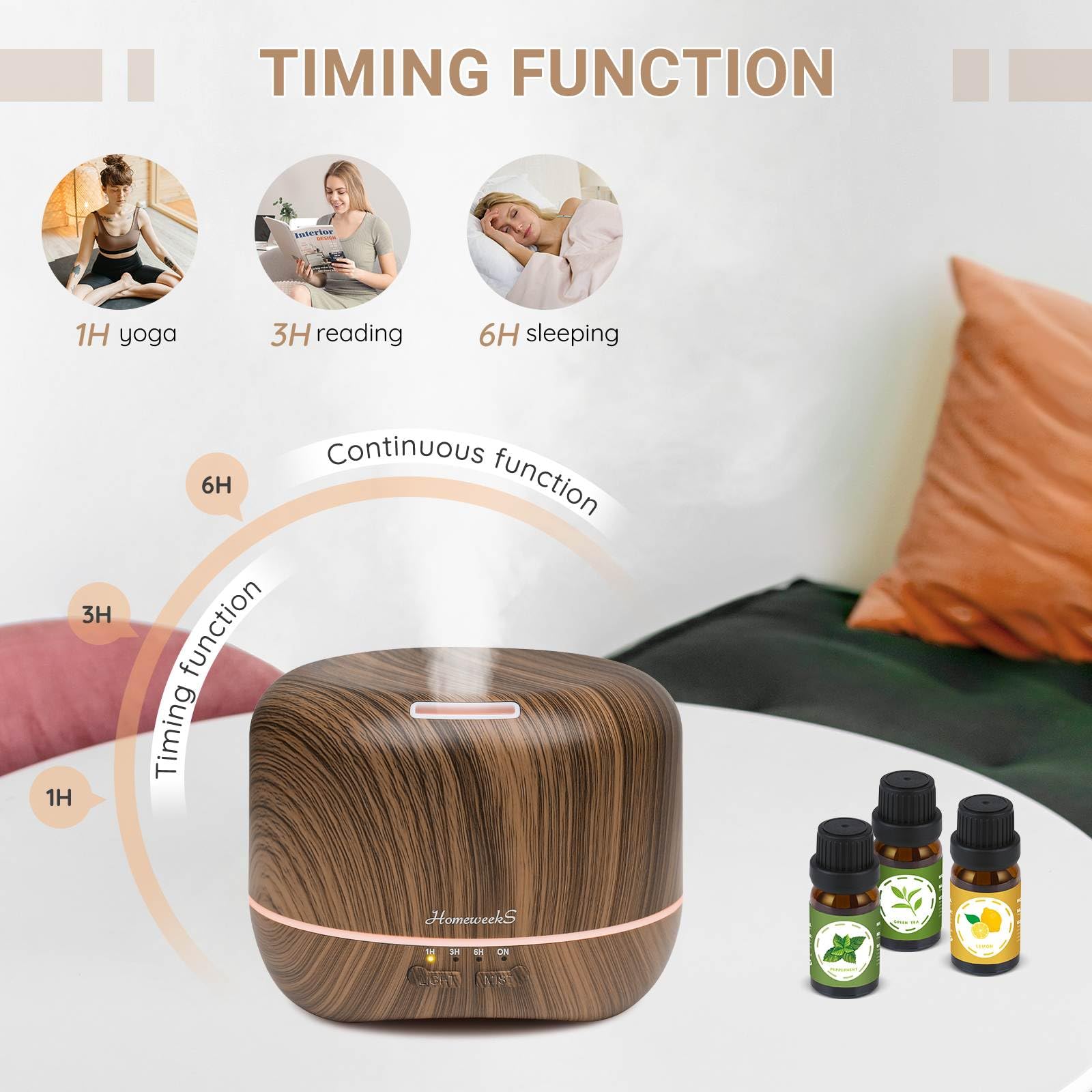 Homeweeks aroma diffuser with timer for flexible diffusion sessions (1–6 hours).