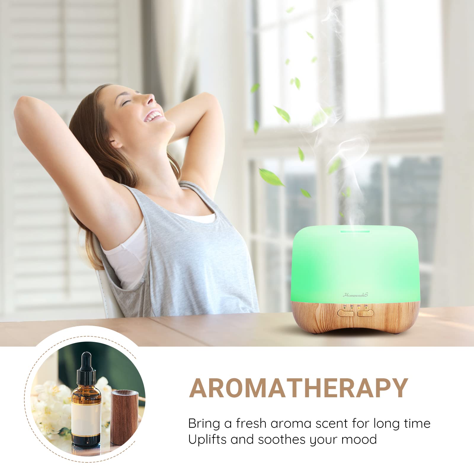 Homeweeks ultrasonic diffuser operates quietly for sleep-friendly use.