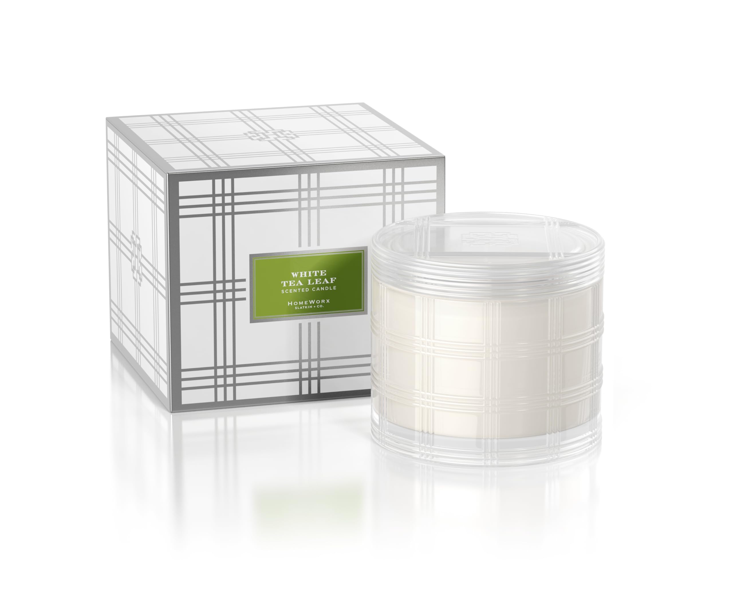 HomeWorx Luxe 18oz White Tea Leaf candle in colored glass delivers long-lasting fragrance.