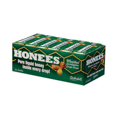 Honees Filled Menthol Cough Drops pack front with honey-menthol eucalyptus blend for throat comfort