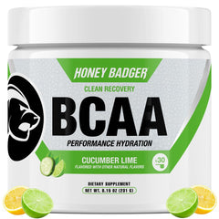 Honey Badger BCAA-EAA powder bottle with label, vegan, workout-ready.