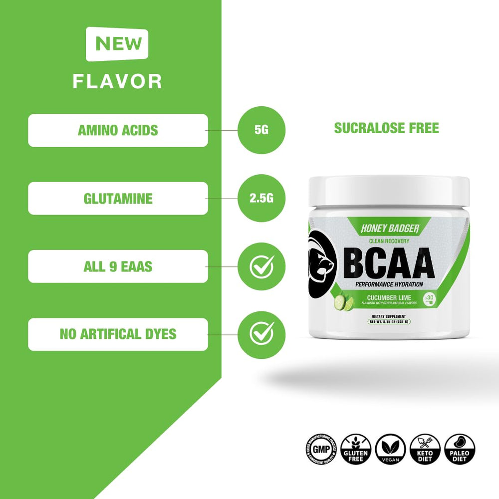 Honey Badger BCAA-EAA powder scoop for easy post-workout serving.