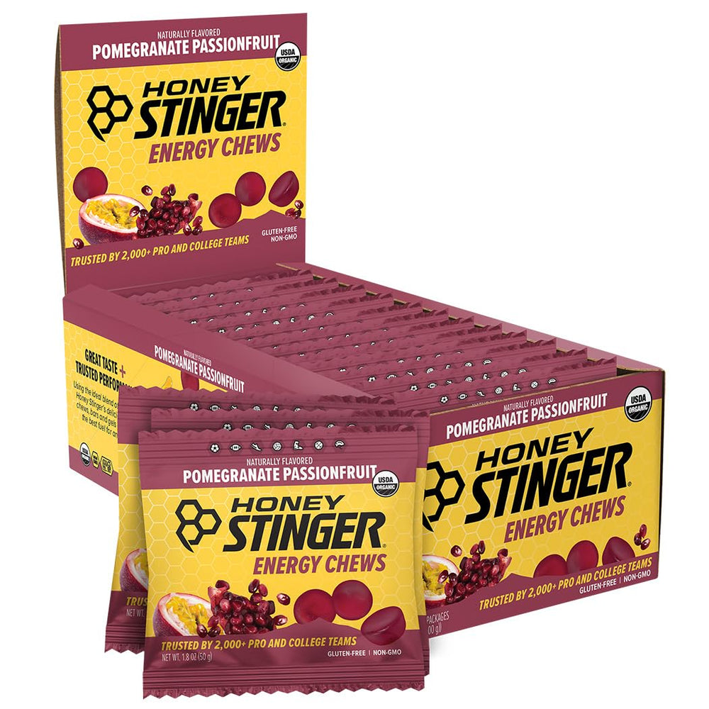 Honey Stinger Organic Pomegranate Passionfruit Chew box for quick workout fueling