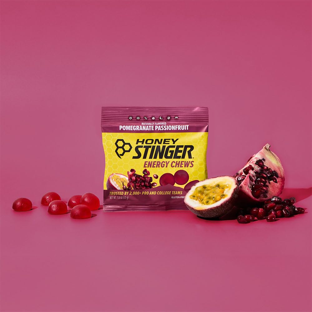 Honey Stinger Organic Pomegranate Passionfruit Chew in a bag for travel