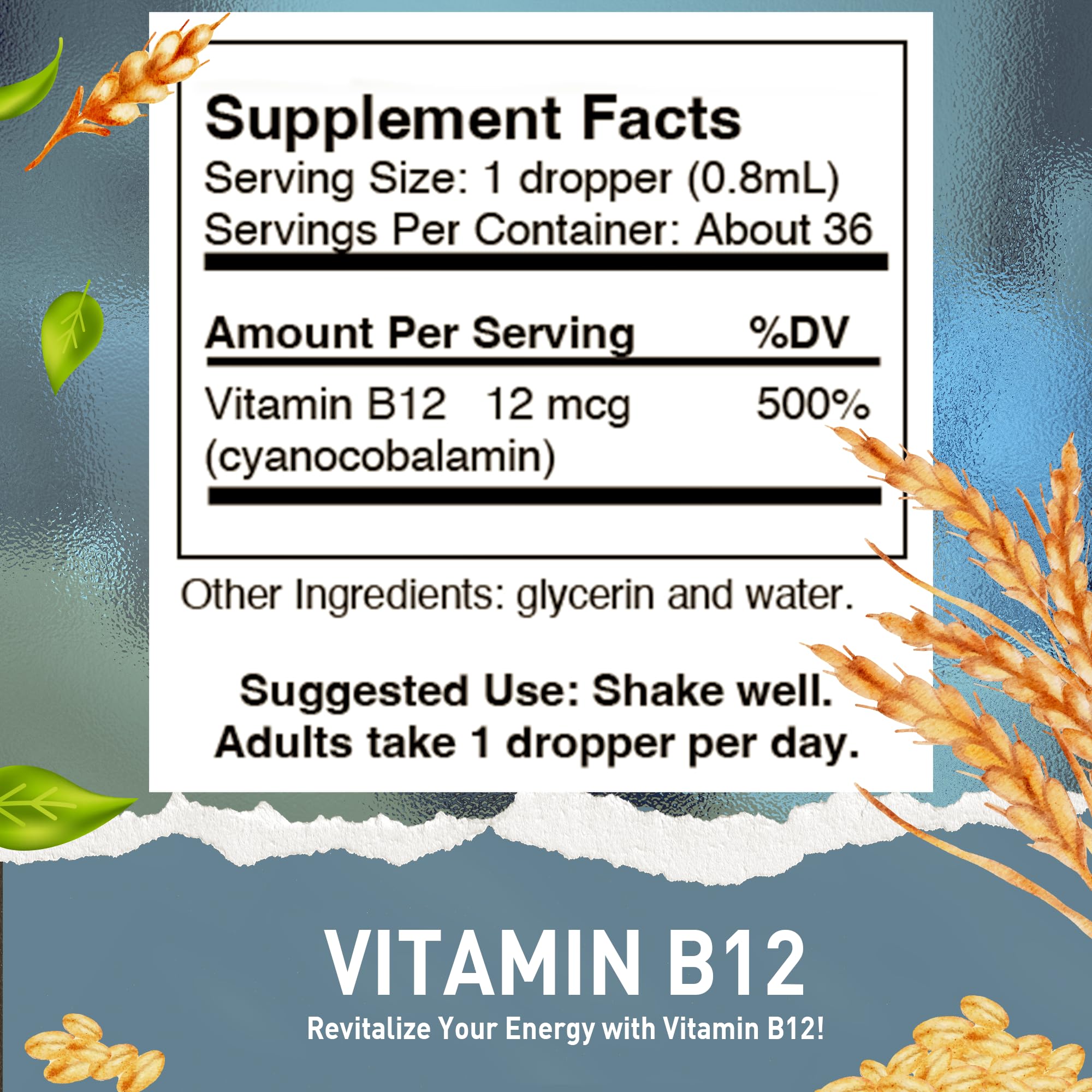 HoneyCombs B12 liquid drops label closeup highlighting vegan formula