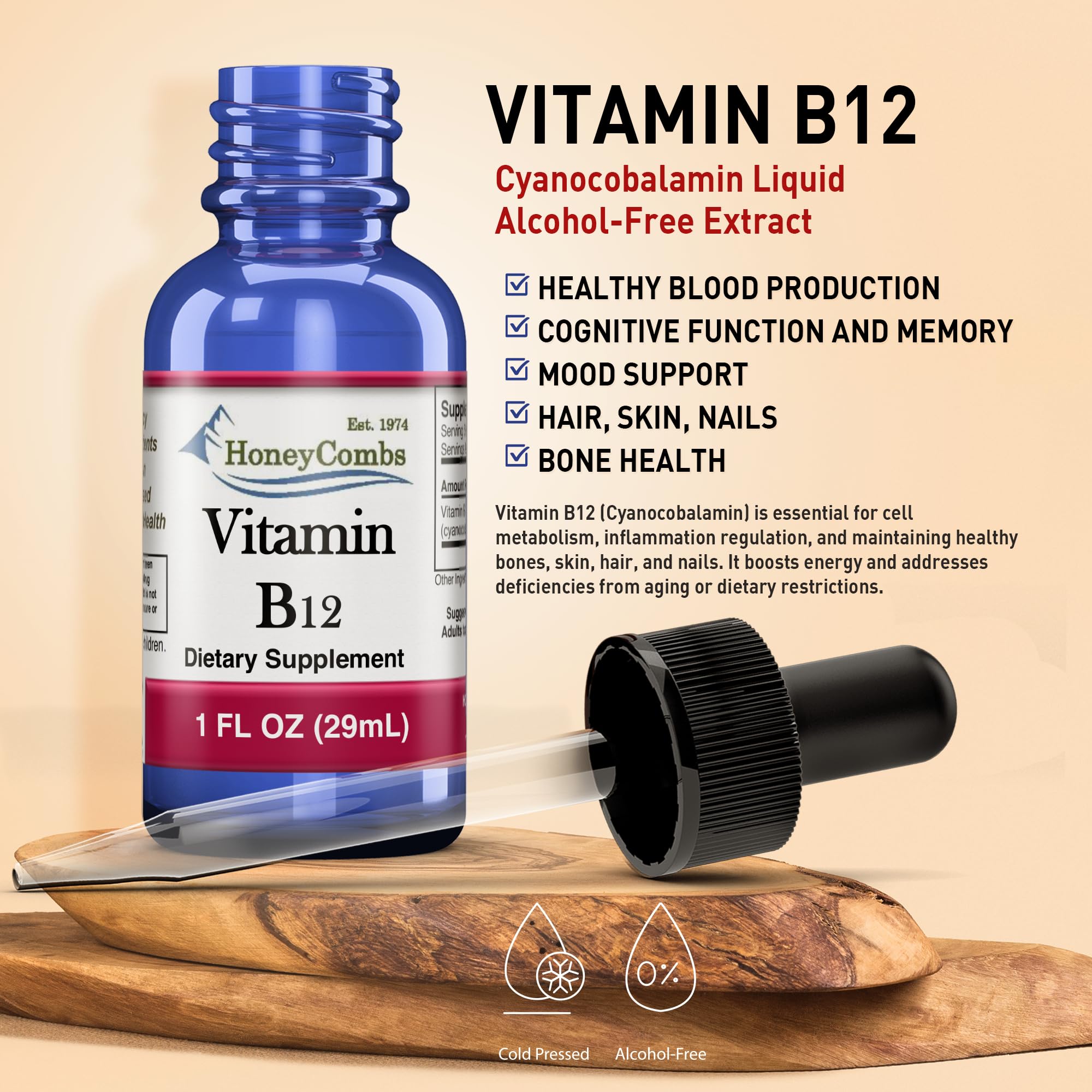 HoneyCombs B12 drops nutrition facts close view with dosage information
