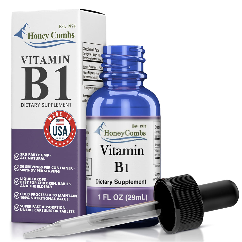 HoneyCombs Vitamin B1 Drops bottle ready to provide natural energy support