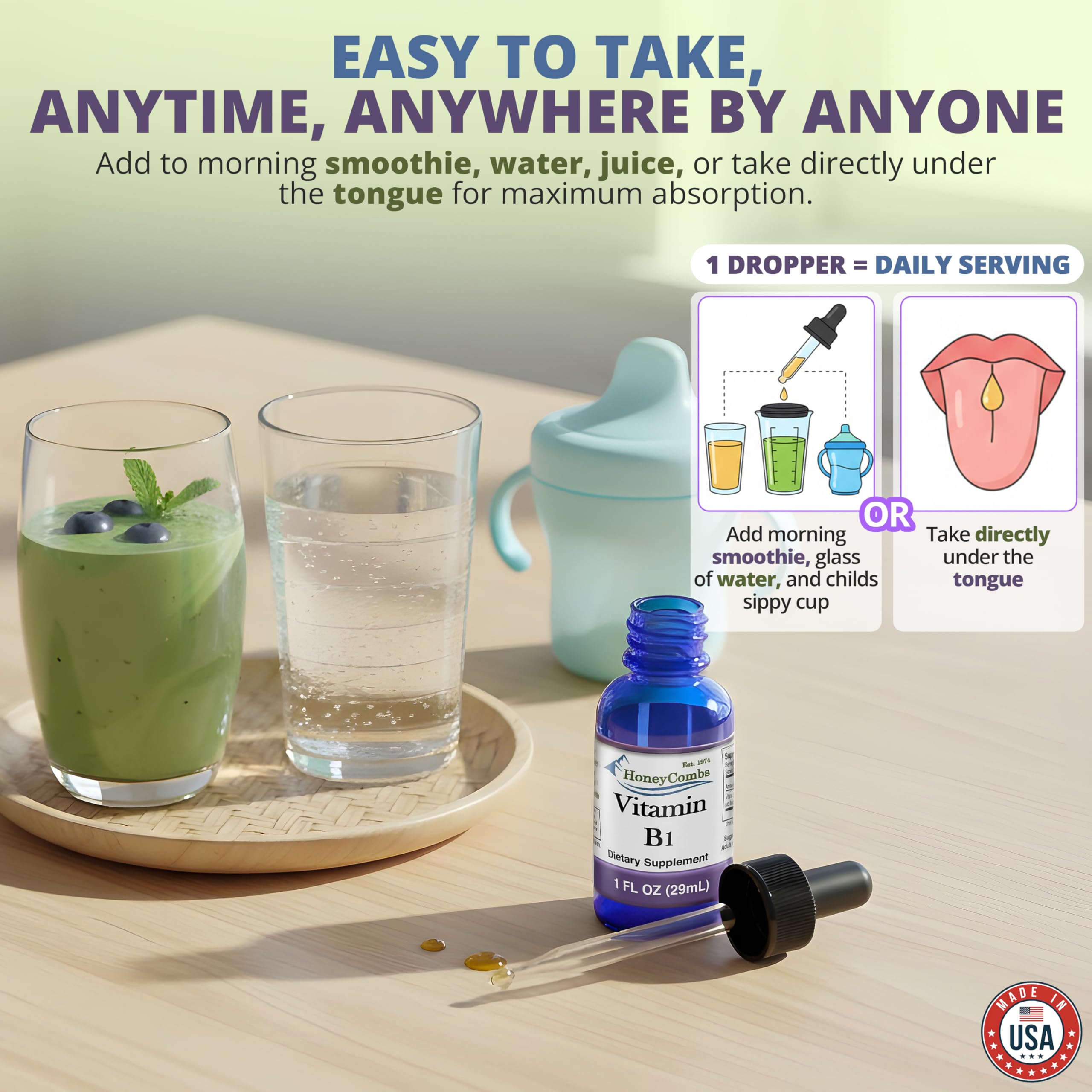 HoneyCombs Vitamin B1 Drops in glass for a convenient daily boost