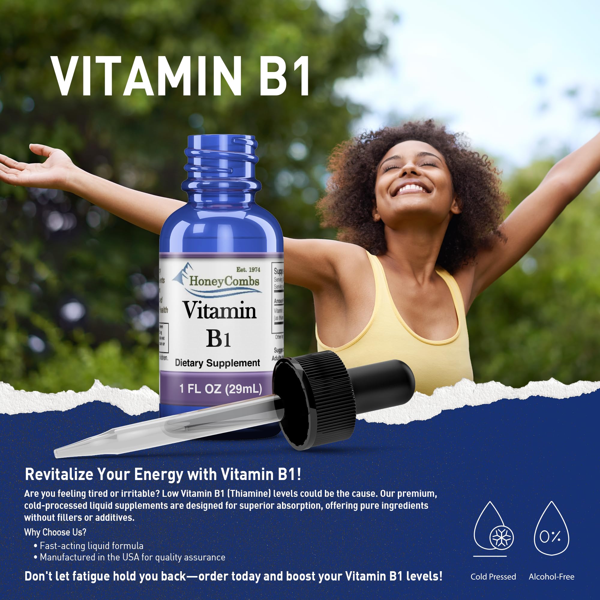 HoneyCombs Vitamin B1 Drops USA-made bottle signals trusted manufacturing