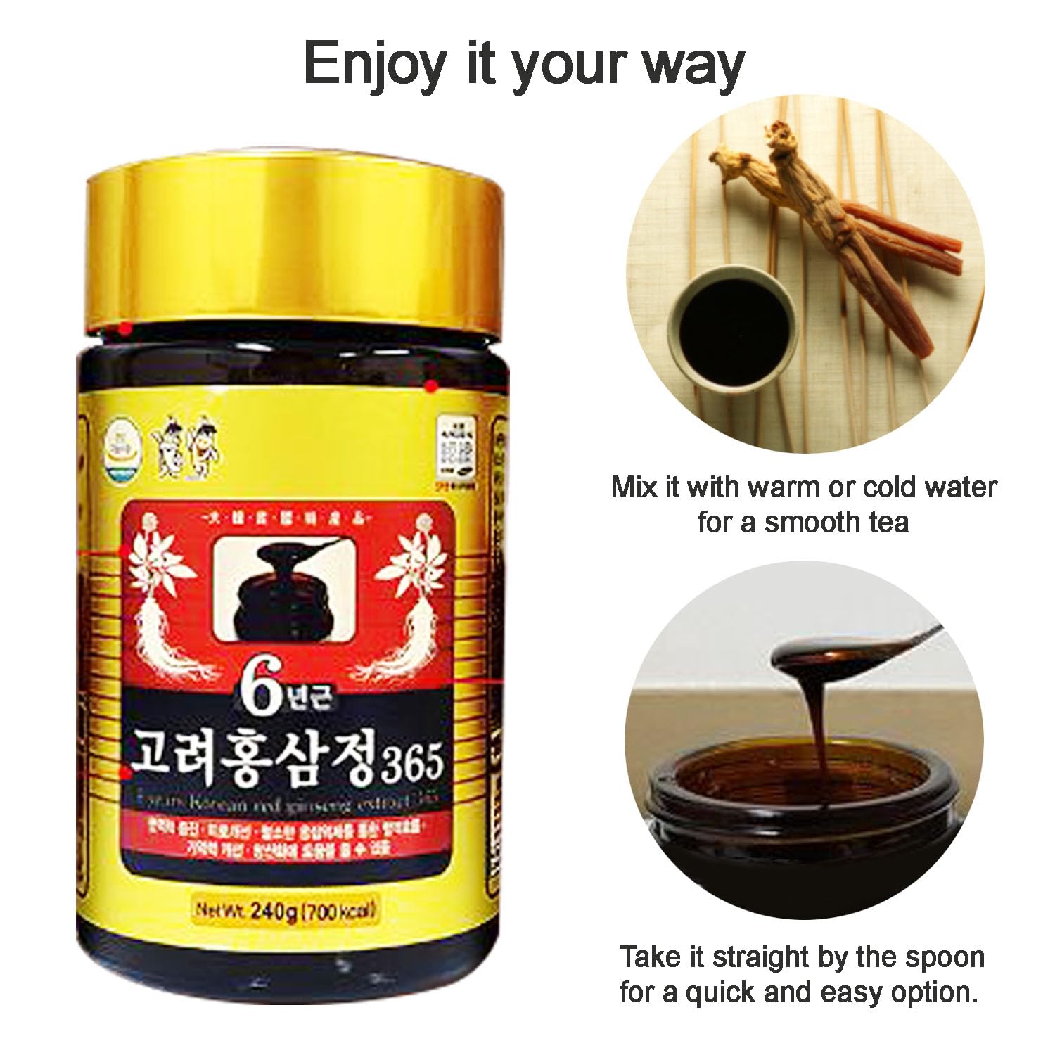 Hong Sam Jeong dosing-spoon demonstrates simple 5 g daily servings.
