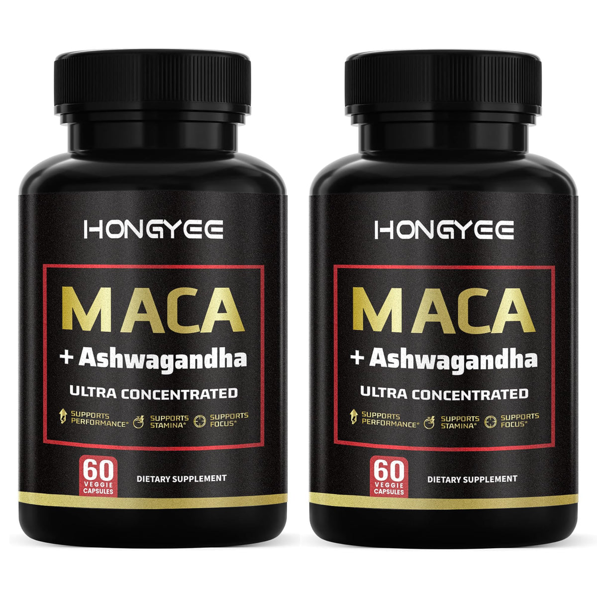 HONGYEE Maca Root 3000mg capsules bottle front boosts daily energy and mood.