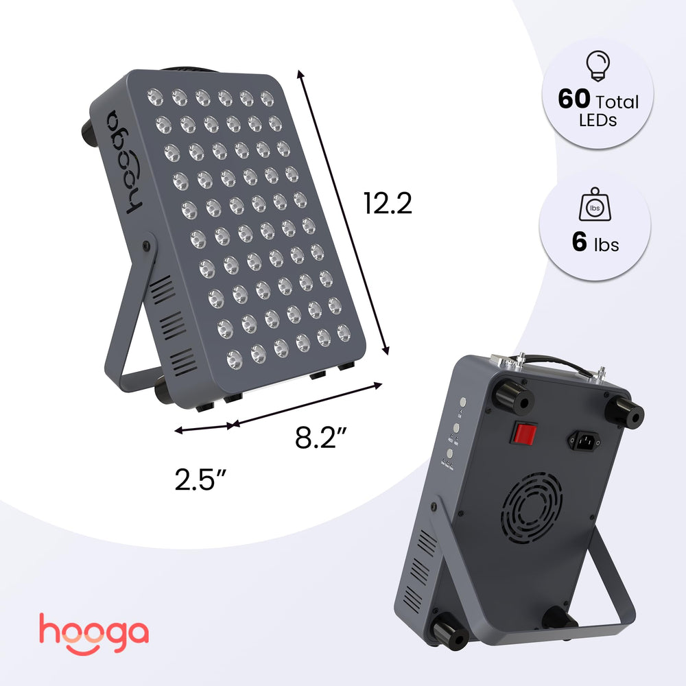 Hooga HG300 LED close-up shows 660 and 850 nm wavelengths for skin-friendly sessions.