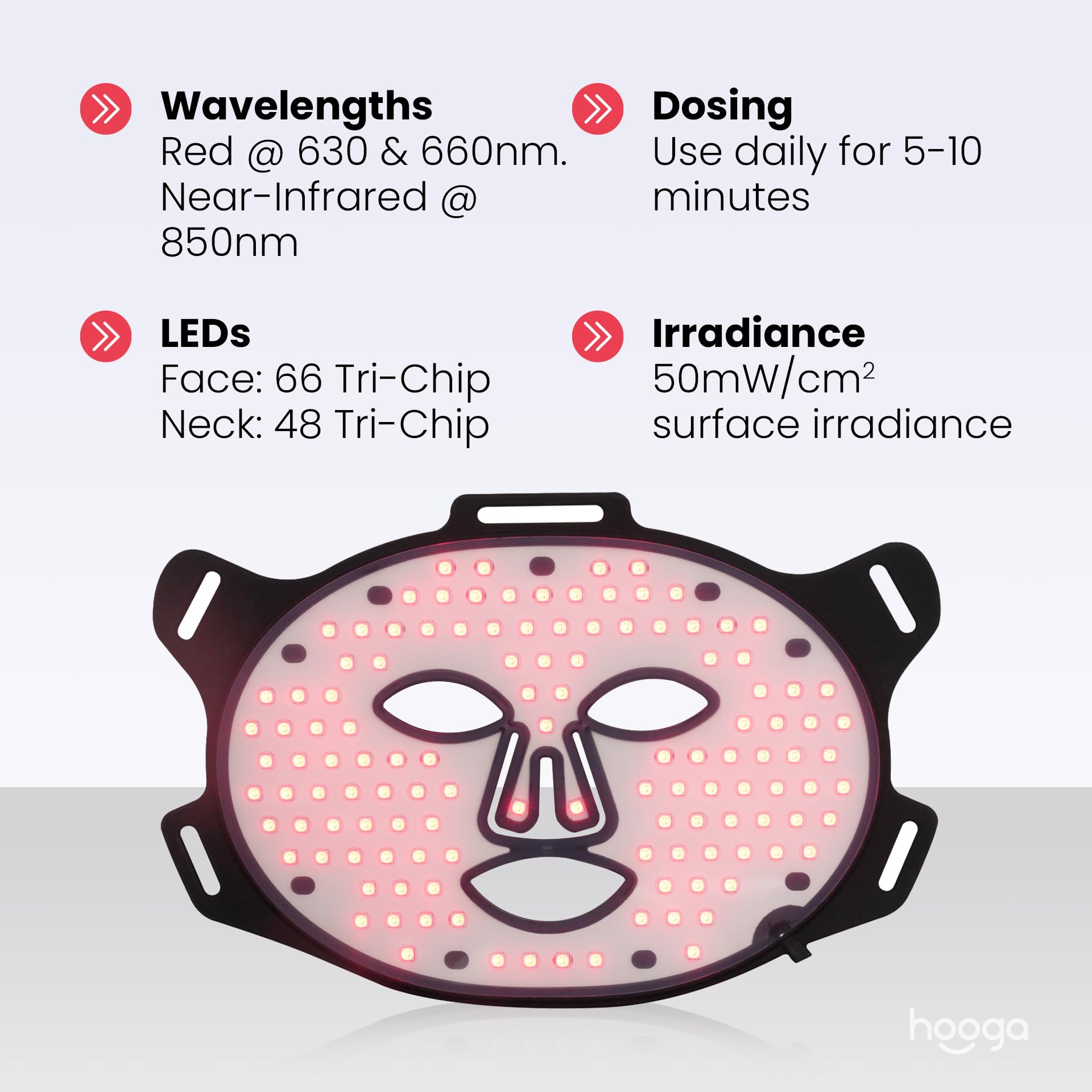 Hooga Red Light Mask 850nm near-infrared detail extends coverage for relaxed sessions.