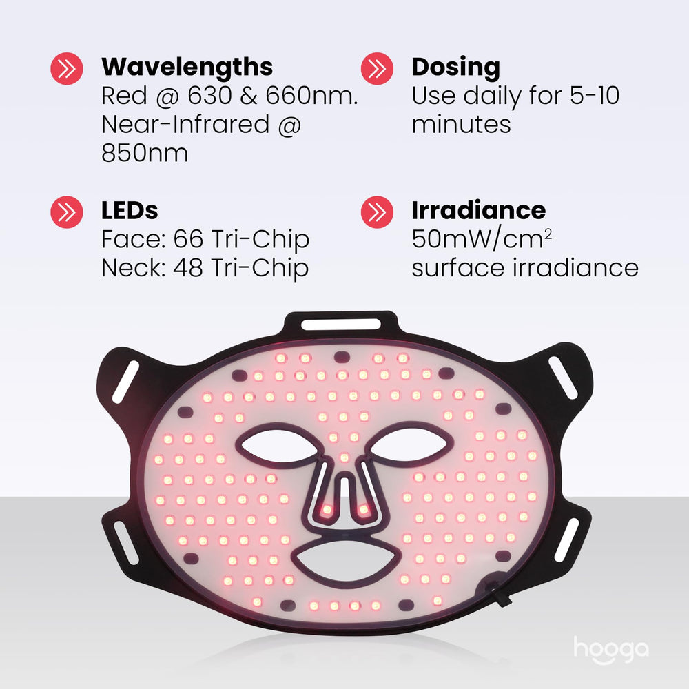 Hooga Red Light Mask 850nm near-infrared detail extends coverage for relaxed sessions.