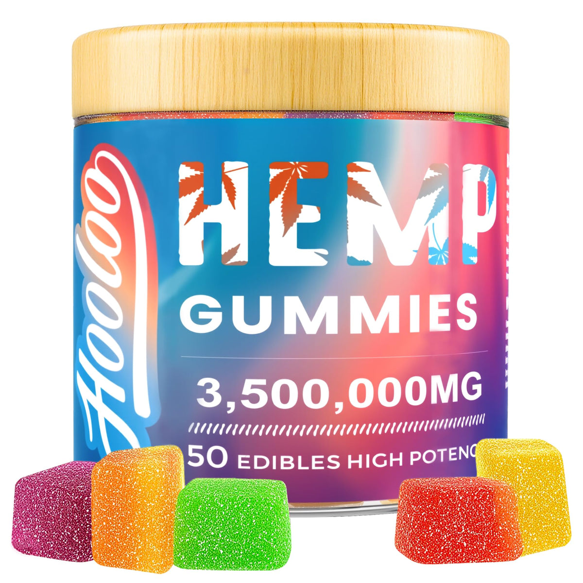 Hoolo hemp gummies bottle front showing six fruity flavors for daily calm