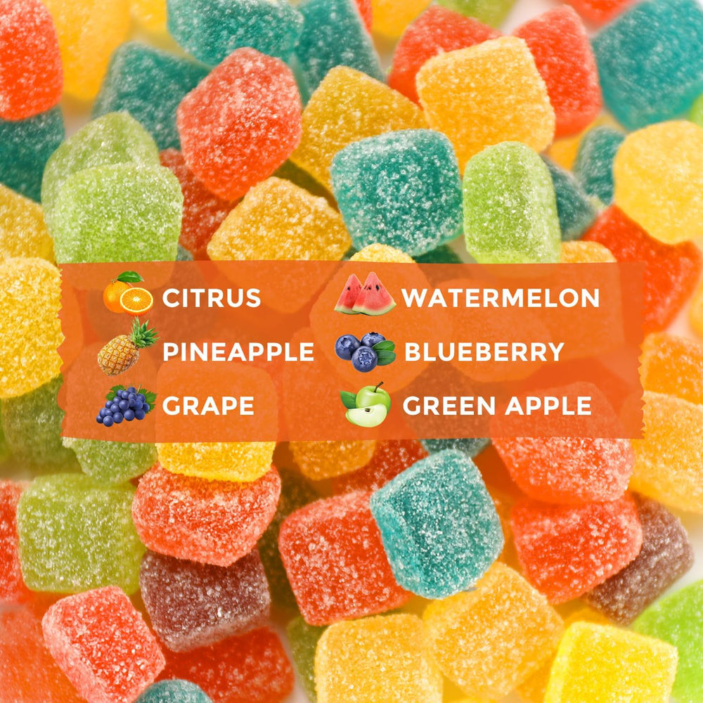 Hoolo hemp gummies close-up of bite-sized chews with vibrant colors
