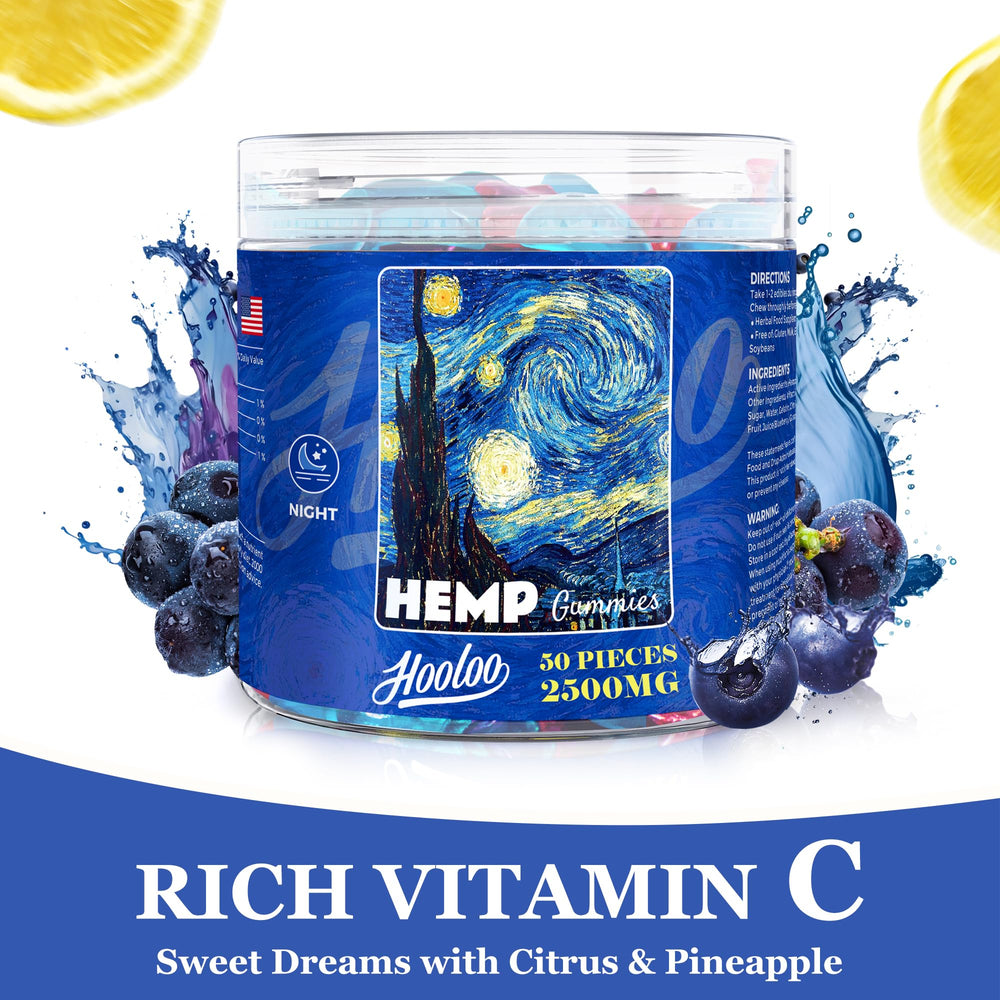 Packaging box for HOOLOO Hemp Gummies Blueberry Grape emphasizes premium ingredients.