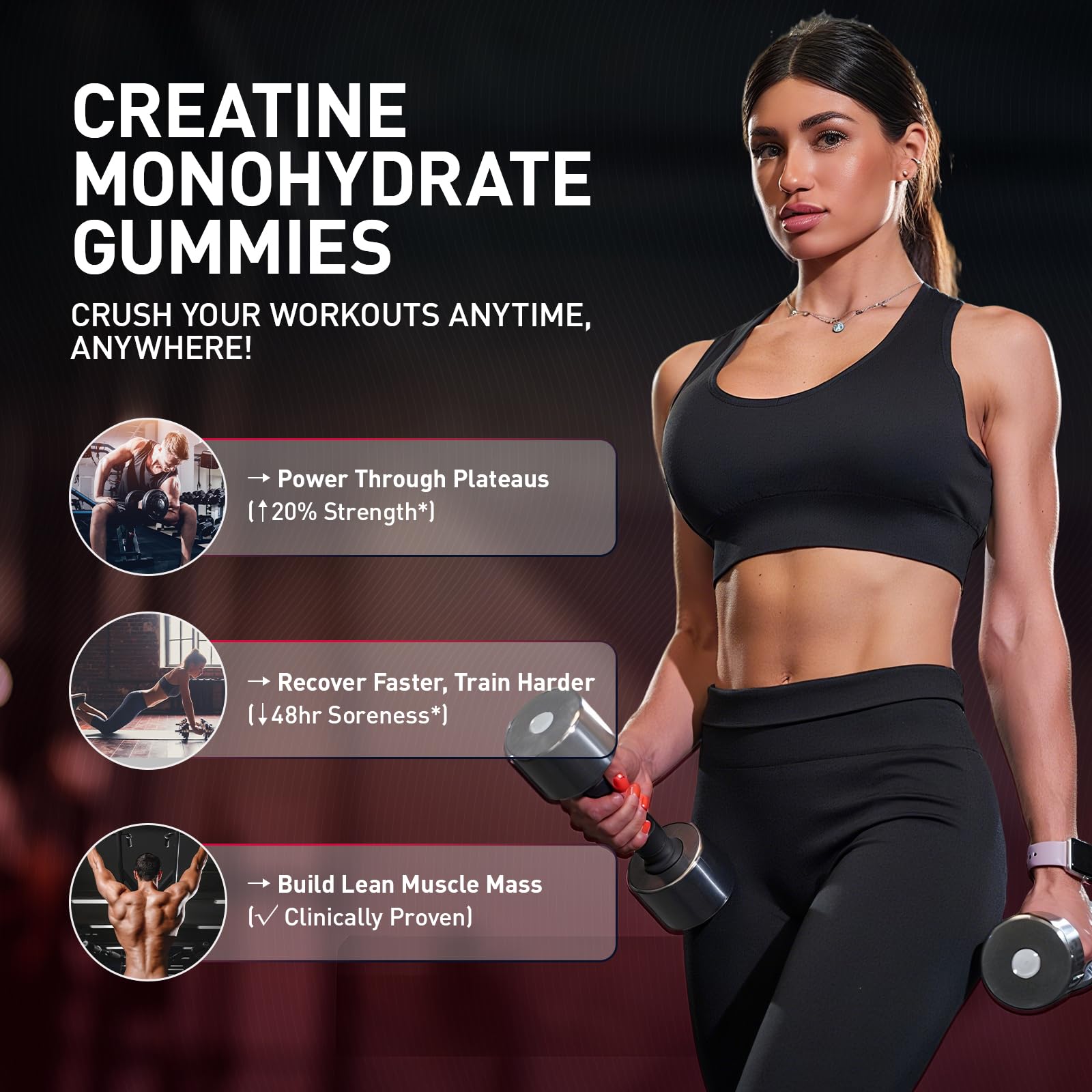 Hoozzch Creatine Gummies blueberry label close-up highlights vegan, gluten-free formula.