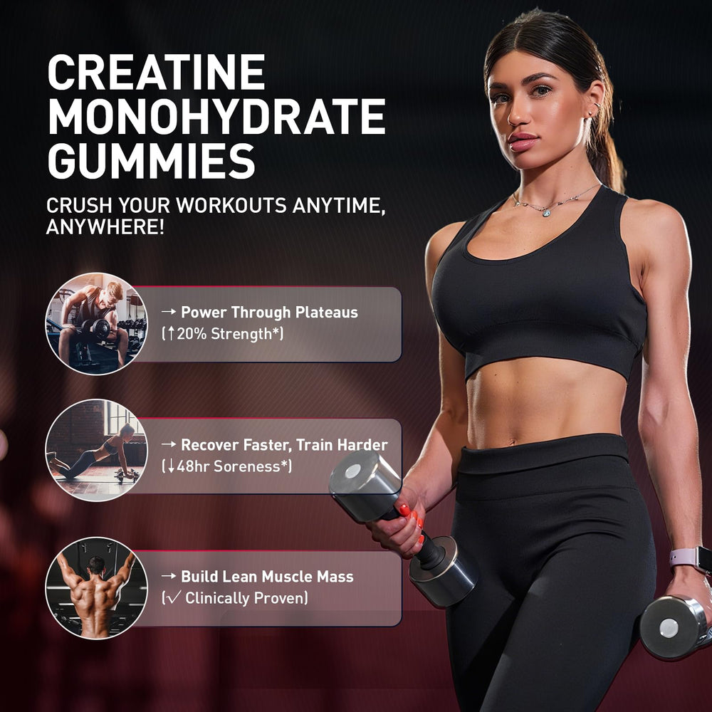 Hoozzch Creatine Gummies blueberry label close-up highlights vegan, gluten-free formula.