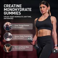 Hoozzch Creatine Gummies blueberry label close-up highlights vegan, gluten-free formula.