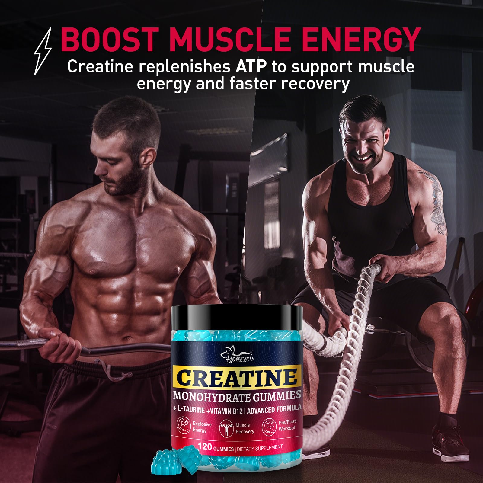 Hoozzch gummies texture and color indicate tasty, low-sugar creatine option.