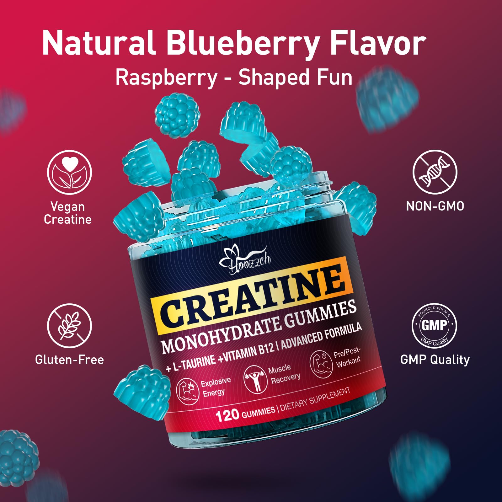 Nutrition facts panel on Hoozzch Creatine Gummies blueberry bottle.