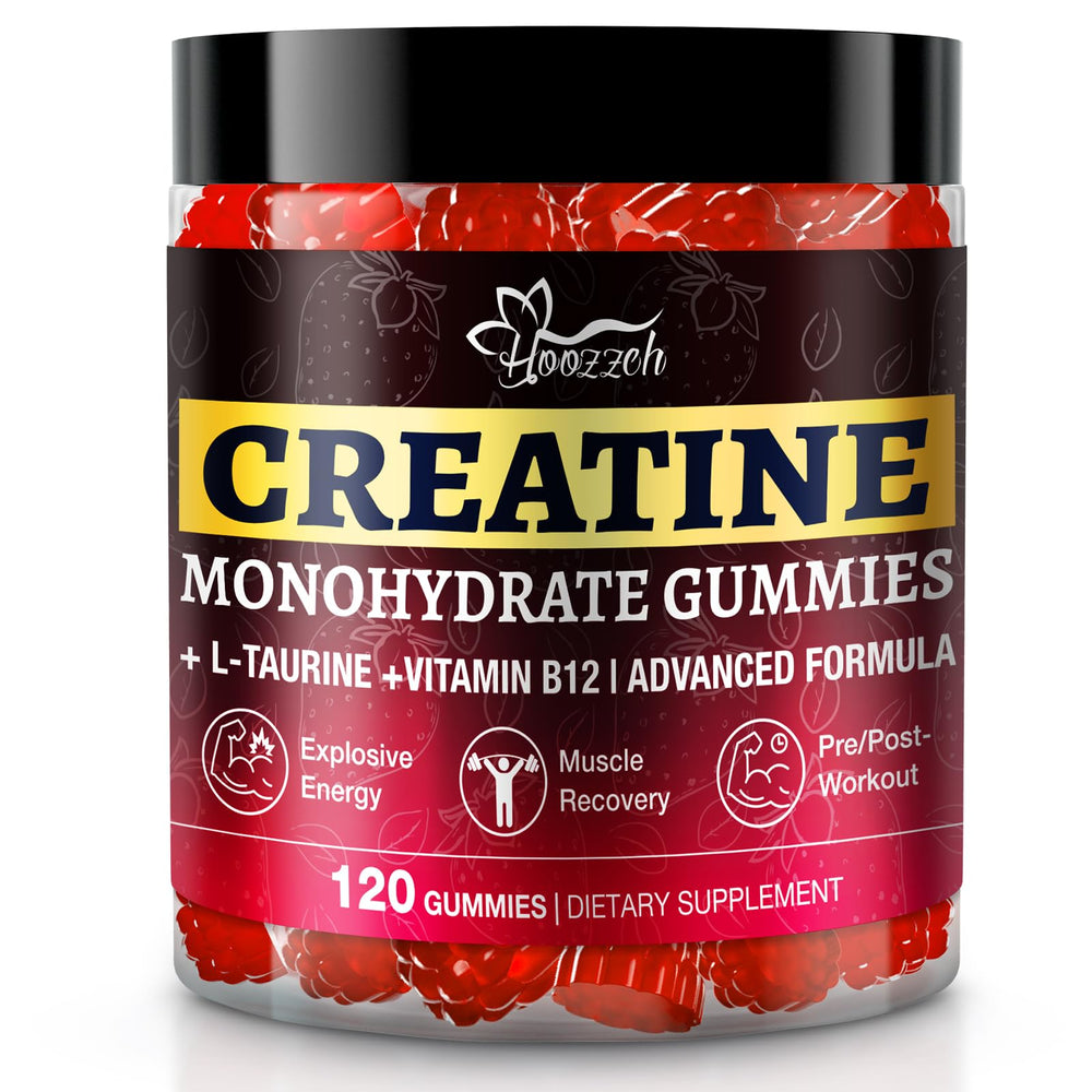 Hoozzch Creatine Gummies bottle with strawberry flavor for convenient daily use.