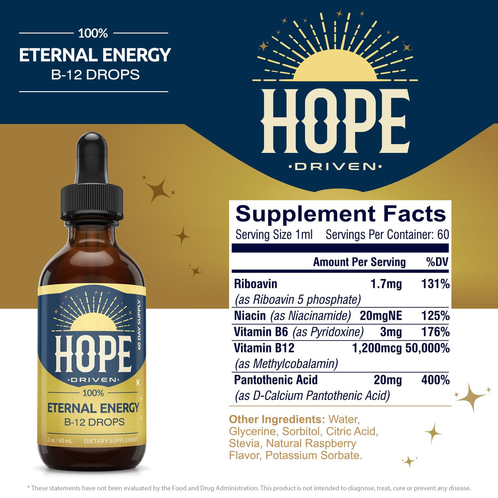 Hope Driven Eternal Energy box packaging on countertop emphasizing vegan, allergen-free formula