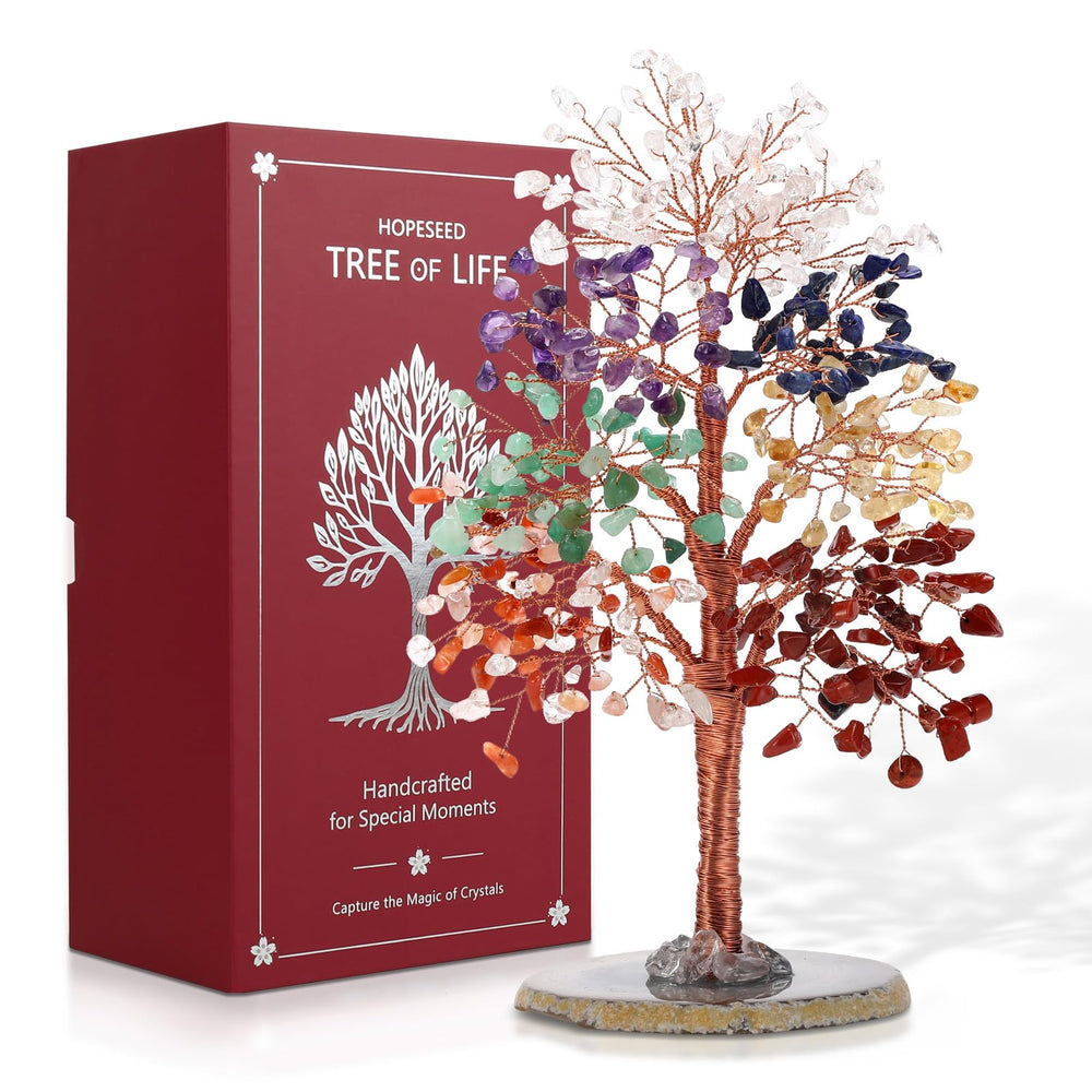 Hopeseed 7 Chakra Tree on agate base offers grounding and decorative energy.