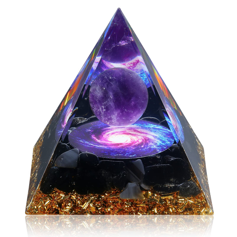 Hopeseed Orgone Pyramid with amethyst ball on desk enhances focus during meditation