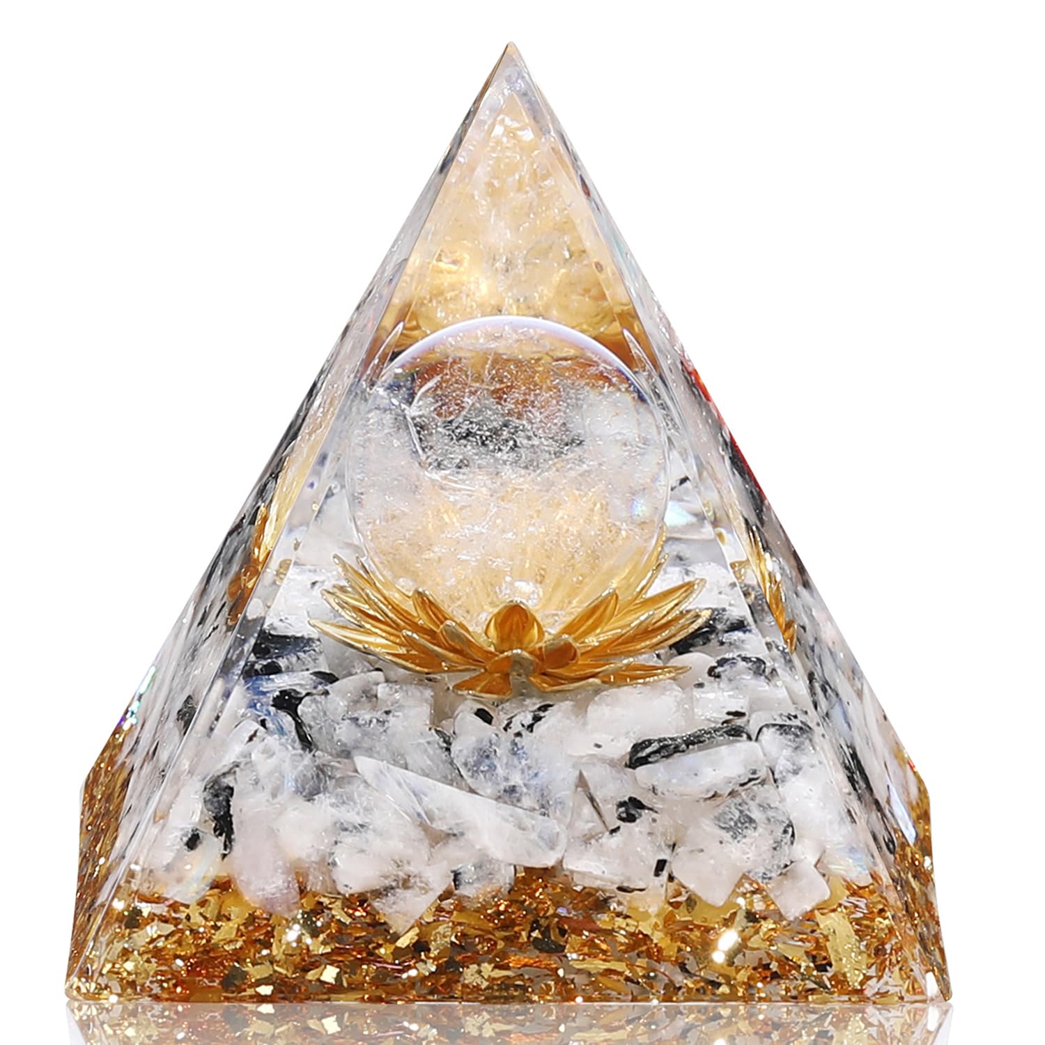 Hopeseed Orgone Pyramid with rainbow moonstone for calming focus.