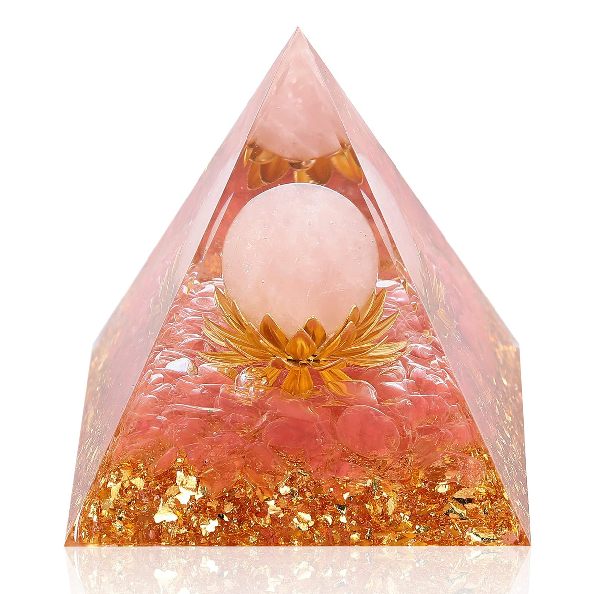 Hopeseed Orgone Pyramid with rose quartz close-up for calm energy and focus