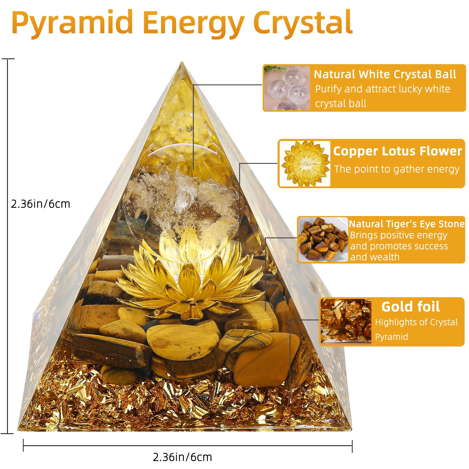 Hopeseed Orgone Pyramid with Tiger's Eye highlights wealth potential and motivation for daily tasks.