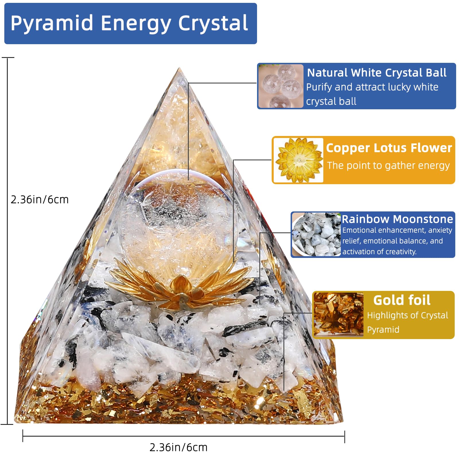 Hopeseed Orgone Pyramid white crystal ball detail enhances reflective ambience.
