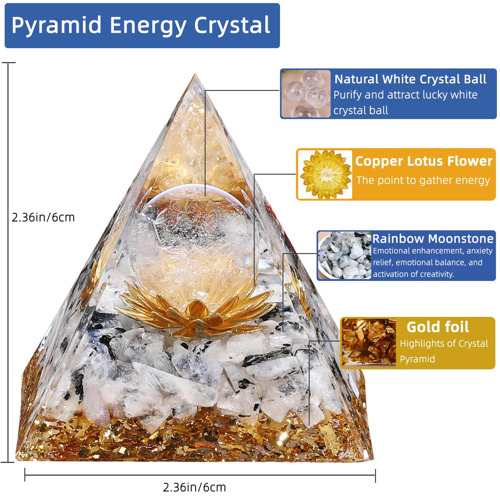 Hopeseed Orgone Pyramid white crystal ball detail enhances reflective ambience.