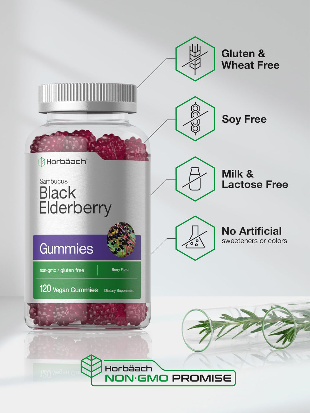 Nutrition panel notes 400 mg elderberry per serving on Horbaach packaging.