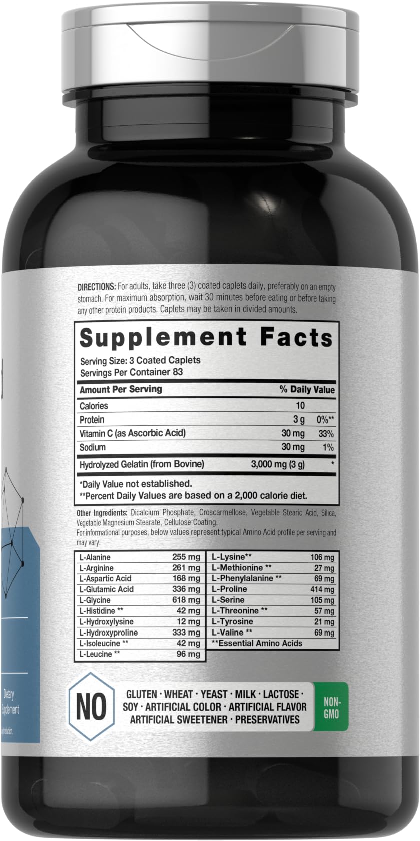 Horbäach Amino Acid Complex 3000mg bottle side shows ingredients and gluten-free formula